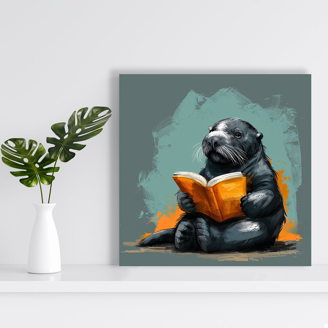 Whimsical Otter Reading Book Orange Teal Literary Animal Wall Art Poster - Image 2