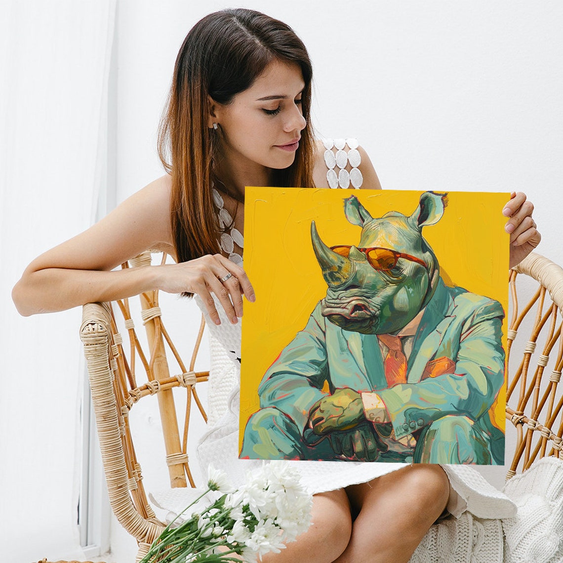 Dapper Rhino in Suit Wearing Red Sunglasses Yellow Pop Art Poster - Image 3