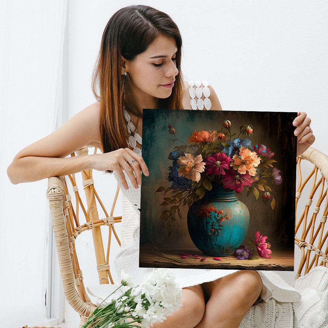 Peony Flowers Teal Turquoise Vase Dark Moody Botanical Art Poster - Image 3