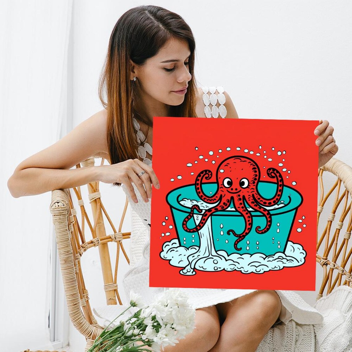 Cute Red Octopus Bubble Bath Cartoon Kids Bathroom Animal Art Poster - Image 3