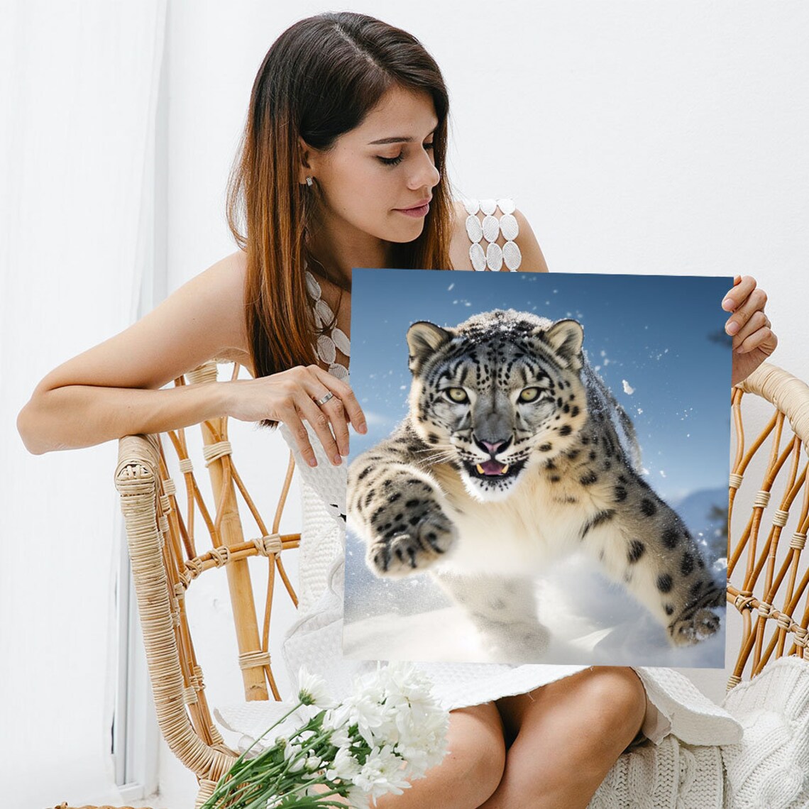 Snow Leopard Leaping Through Snow Action Wildlife Photography Art Poster - Image 3