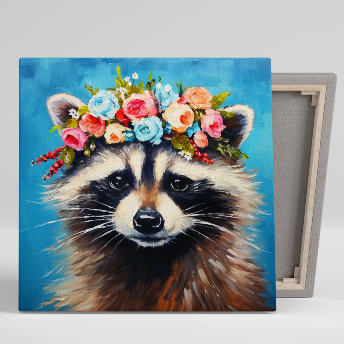 Raccoon Floral Crown Poster Bright Blue Painterly Bohemian Animal Wall Art