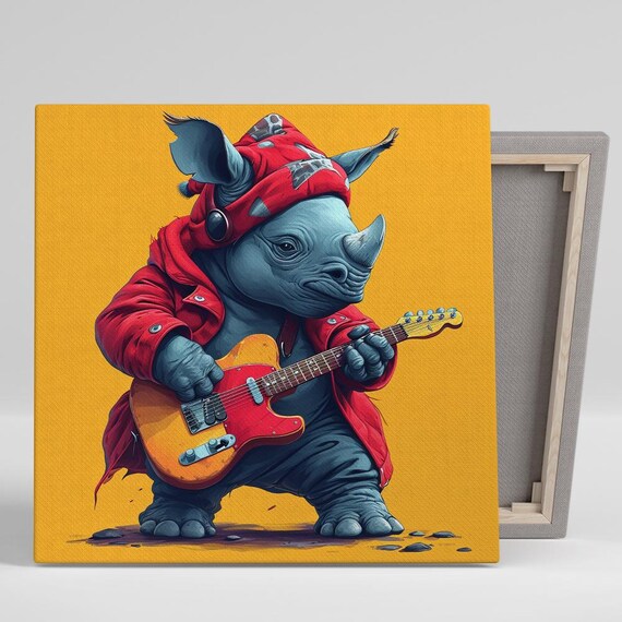 Rocking Rhino Playing Electric Guitar On Yellow Background Poster