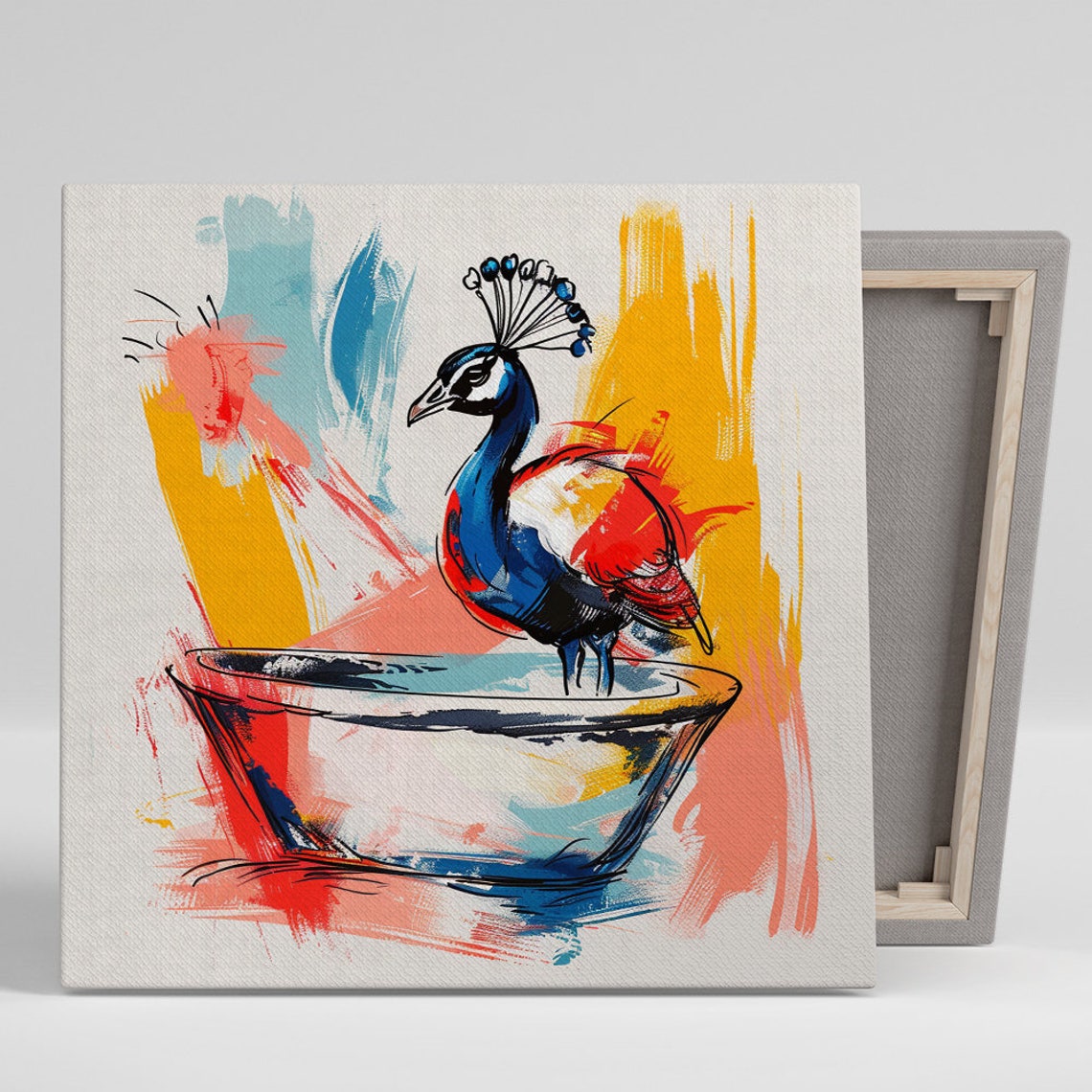 Peacock Bath Abstract Watercolor Blue Red Yellow Splash Art Poster
