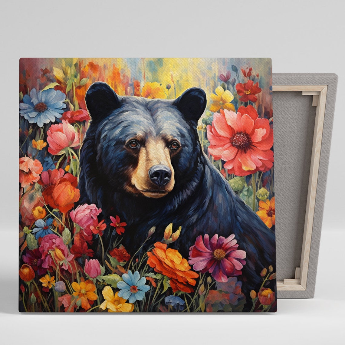 Black Bear Floral Boho Poster Vibrant Wildflower Portrait Animal Decor