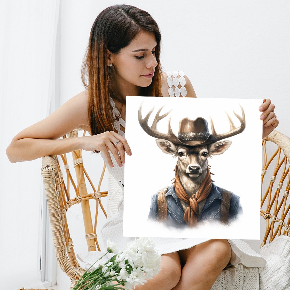 Cowboy Deer Portrait, Contemporary Wall Art Print - Image 3