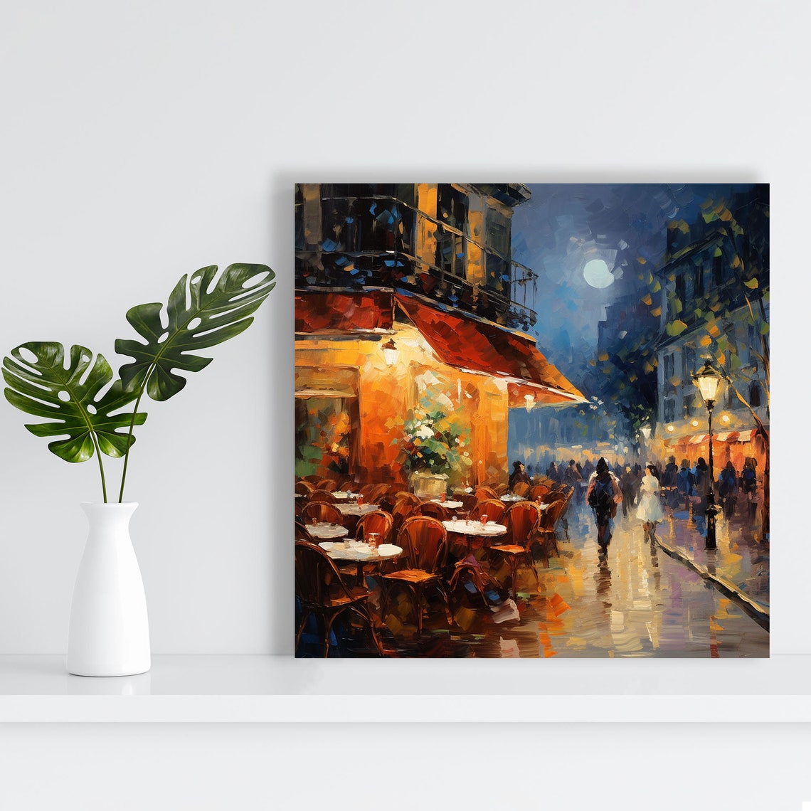 Moonlit European Cafe Street Night Red Awning Impressionist Art Poster - Image 3