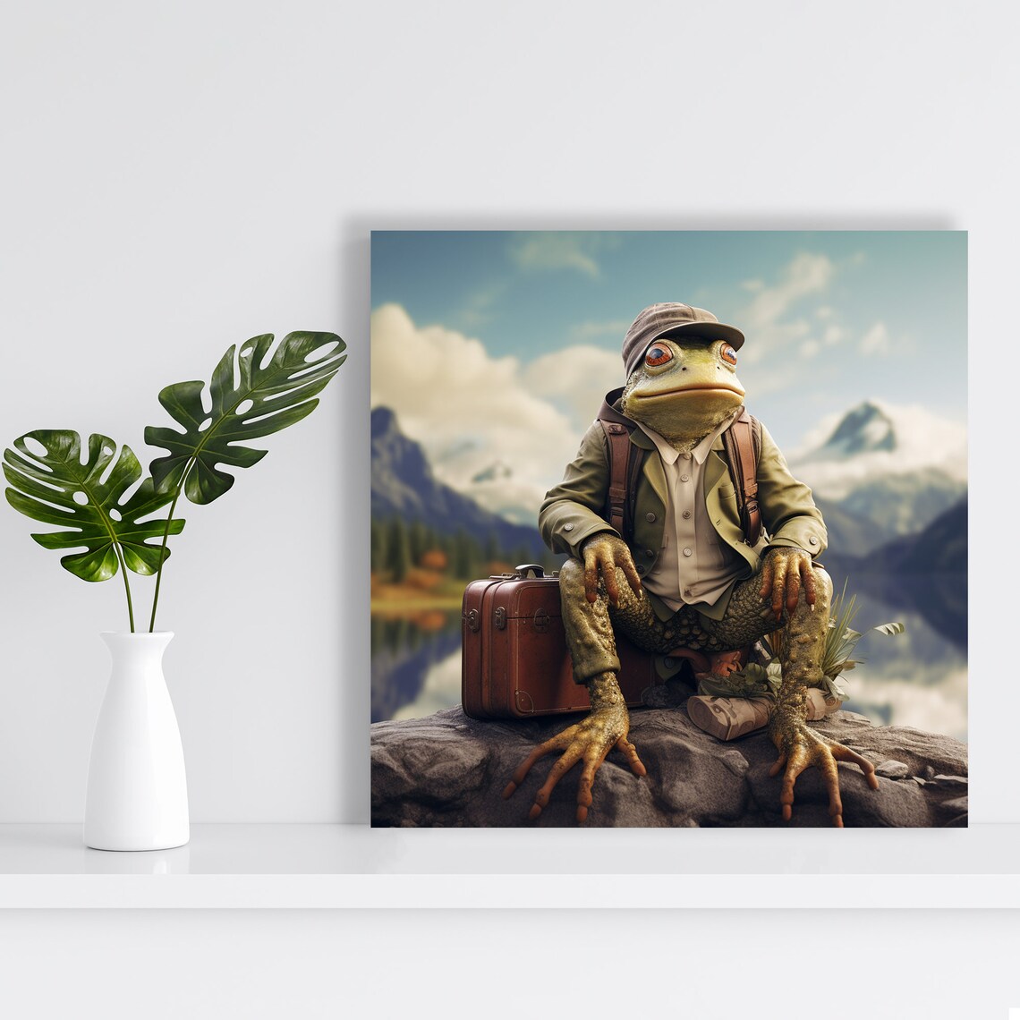 Frog Explorer Traveler Suitcase Mountain Lake Whimsical Adventure Poster - Image 2