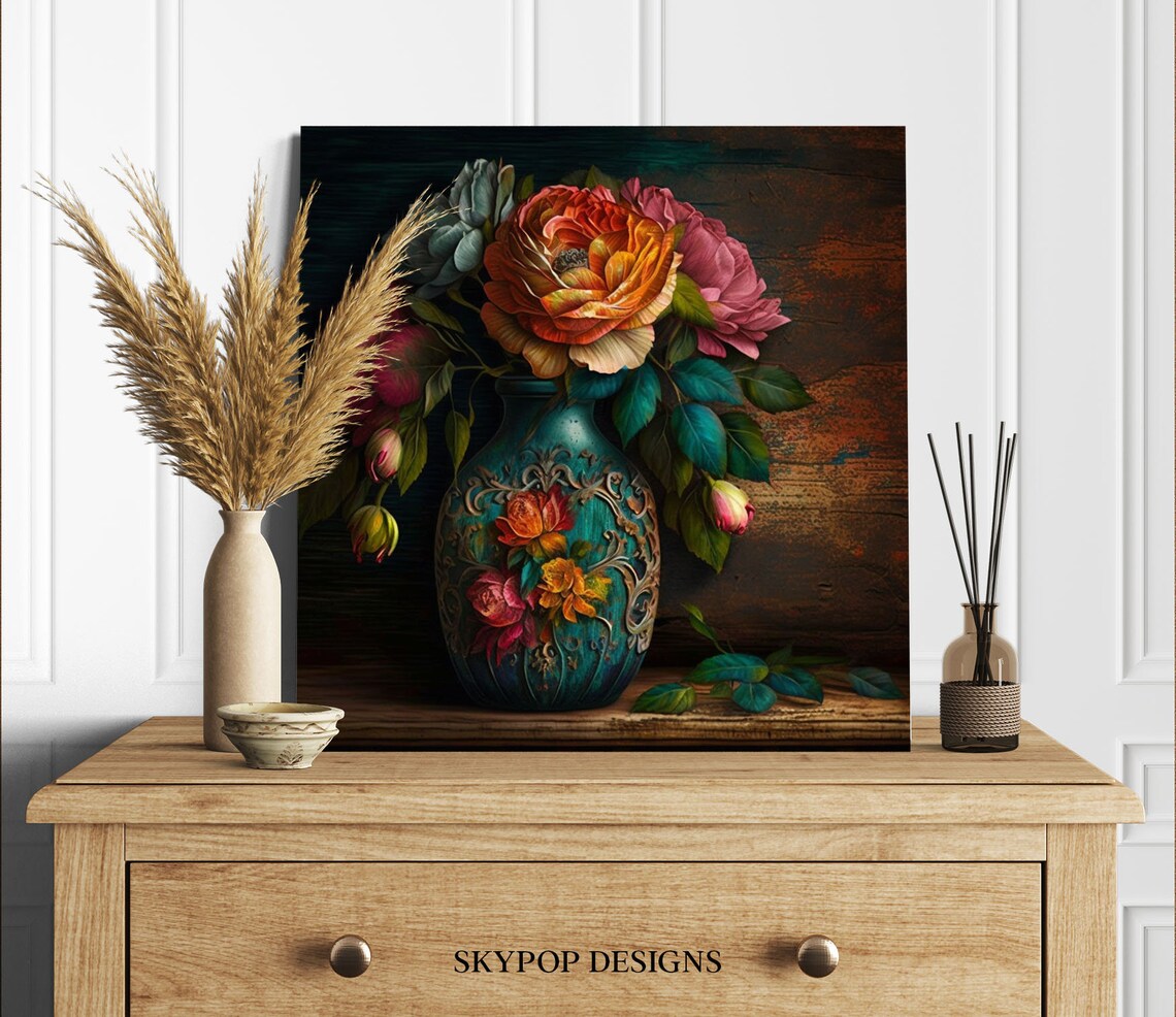 Coral Rose Bouquet Ornate Teal Vase Dark Classic Floral Art Poster - Image 2