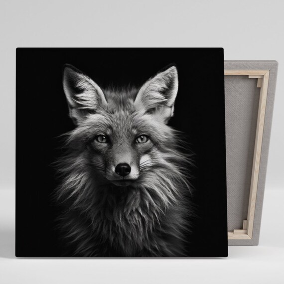 Black and White Fox Portrait on Dark Background Minimalist Poster