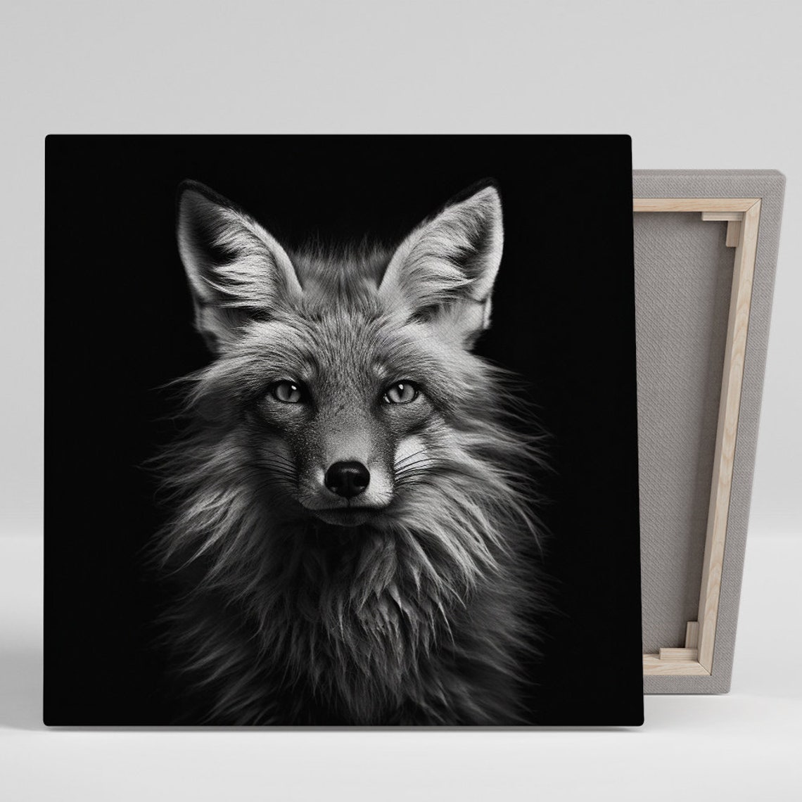 Black and White Fox Portrait on Dark Background Minimalist Poster