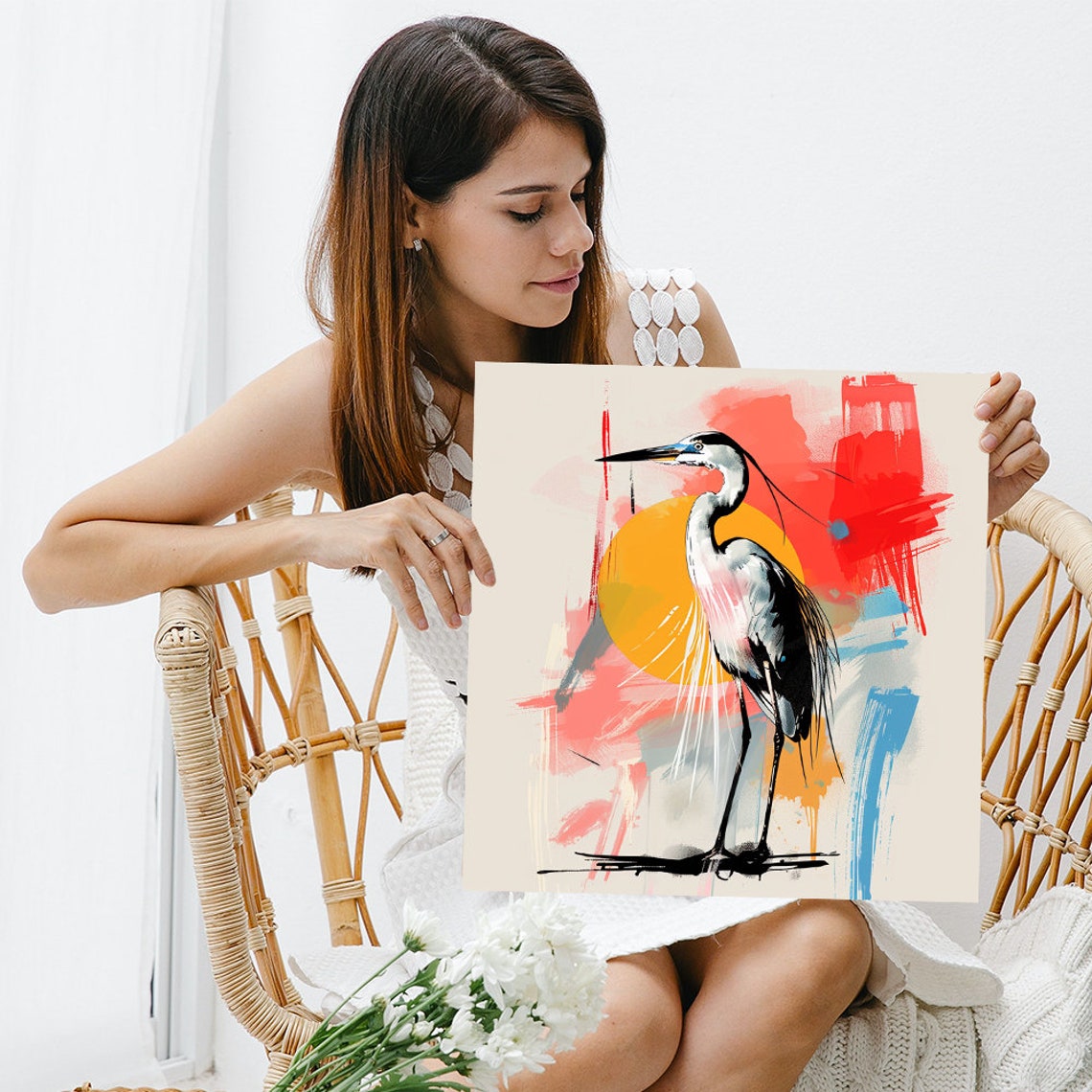 Heron Standing Elegant Red Sun Ink Brushstroke Bird Wall Art Poster - Image 3