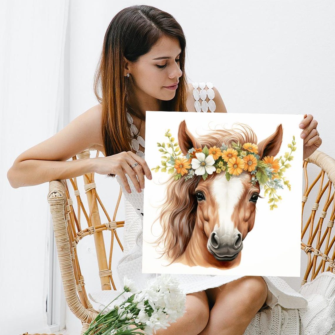 Chestnut Horse With Orange Floral Crown Watercolor Farmhouse Poster - Image 3