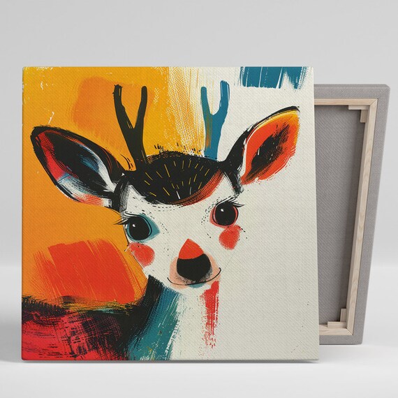 Cute Deer Small Antlers Bright Orange Teal Whimsical Art Poster