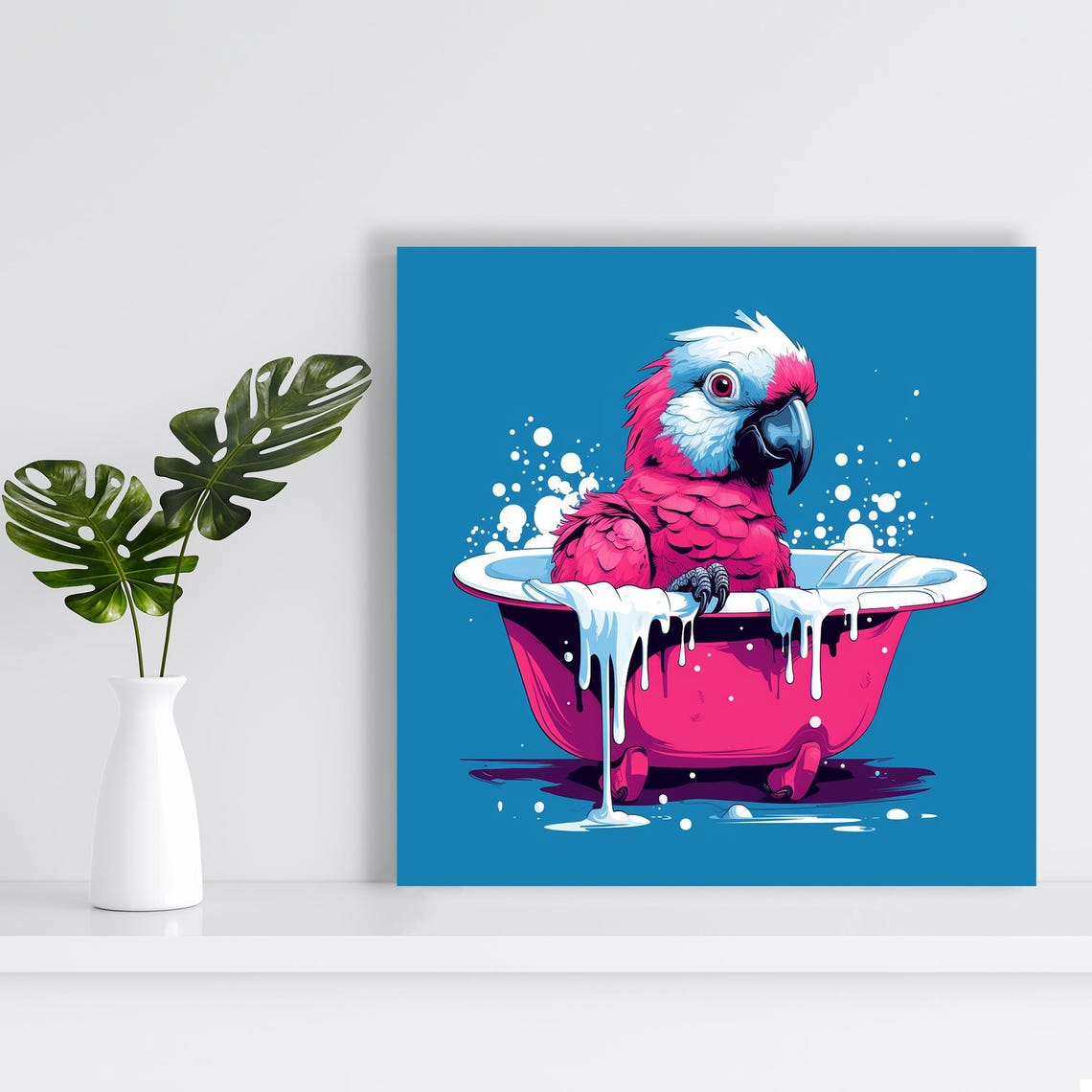 Pink Parrot Bubble Bath Splash Fun Blue Pop Whimsical Bird Art Poster - Image 2