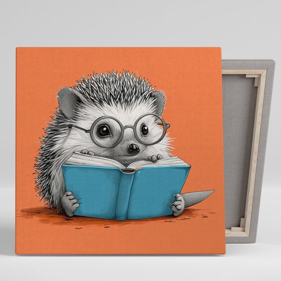 Bookworm Hedgehog Art Or Poster Whimsical Animal Decor Childrens Room Office Library Living Room Wall Art Orange Blue Gray White