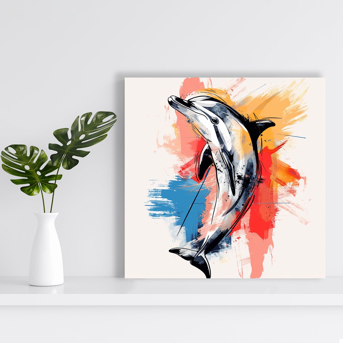 Leaping Dolphin Watercolor Splash Orange Blue Abstract Marine Poster - Image 2