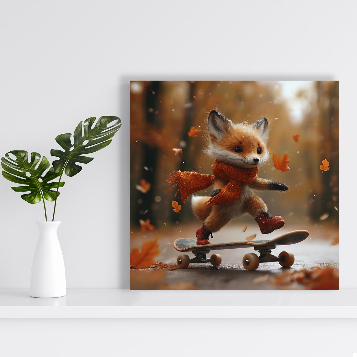 Baby Fox Cub Skateboarding Autumn Leaves Scarf Boots Cute Animal Poster - Image 2