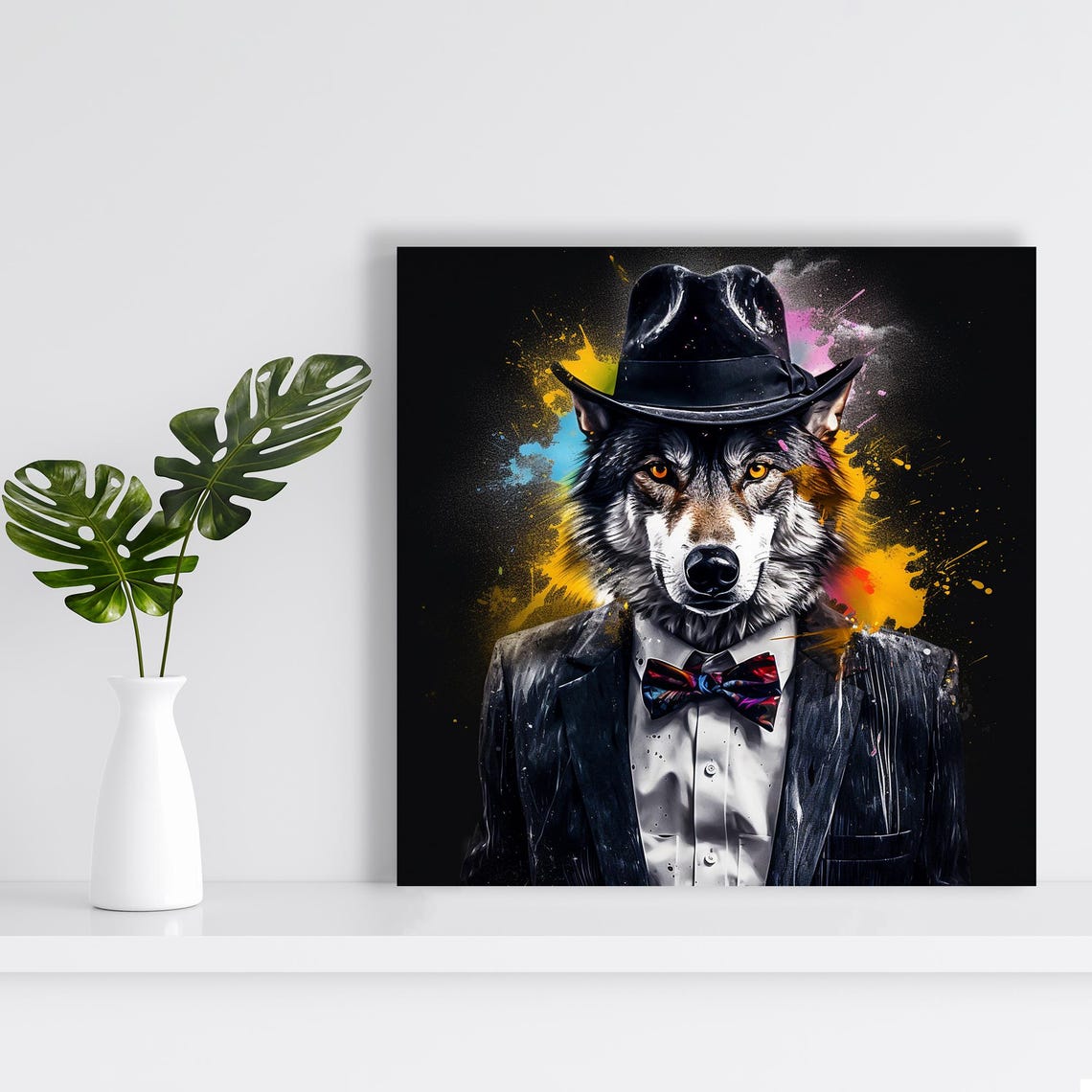 Dapper Wolf Suit Fedora Bow Tie Black Background Glam Animal Poster - Image 2