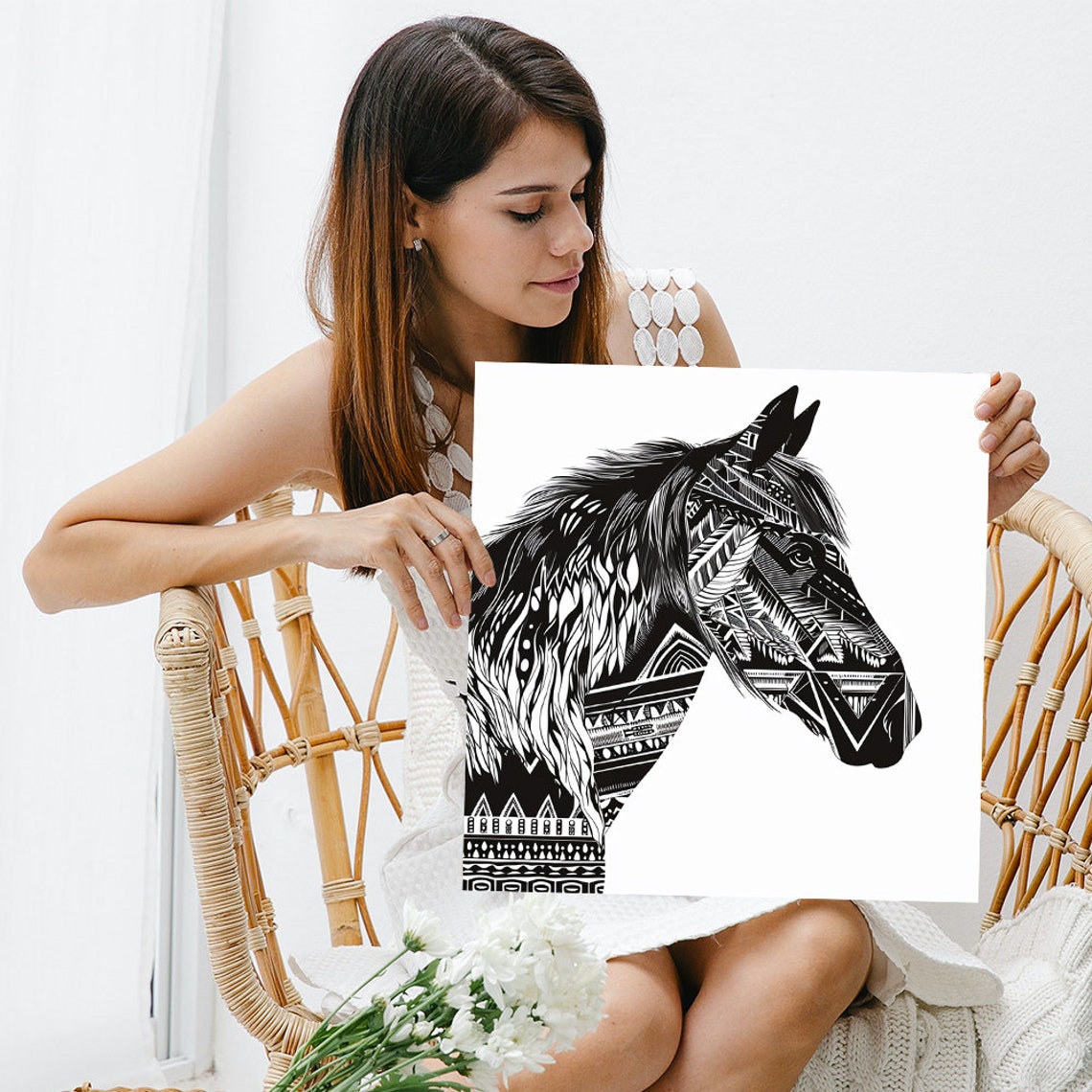 Tribal Horse Head Profile Black White Geometric Zentangle Equine Art - Image 3