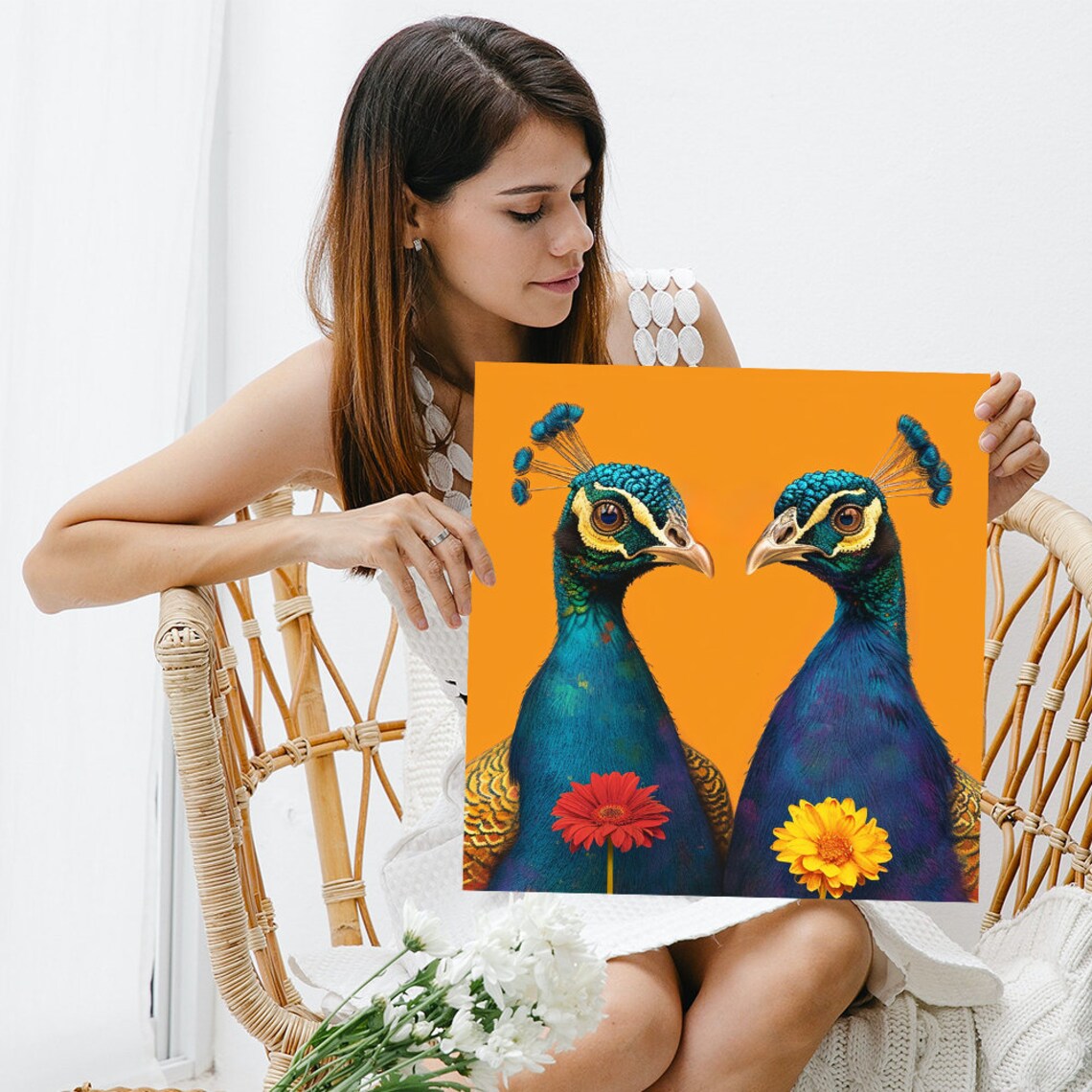 Peacock Duo Bloom, Whimsical Animal Art Print - Image 3