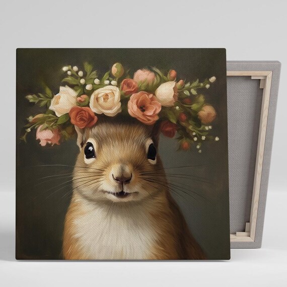 Squirrel Wearing Floral Rose Crown Dark Romantic Oil Painting Poster
