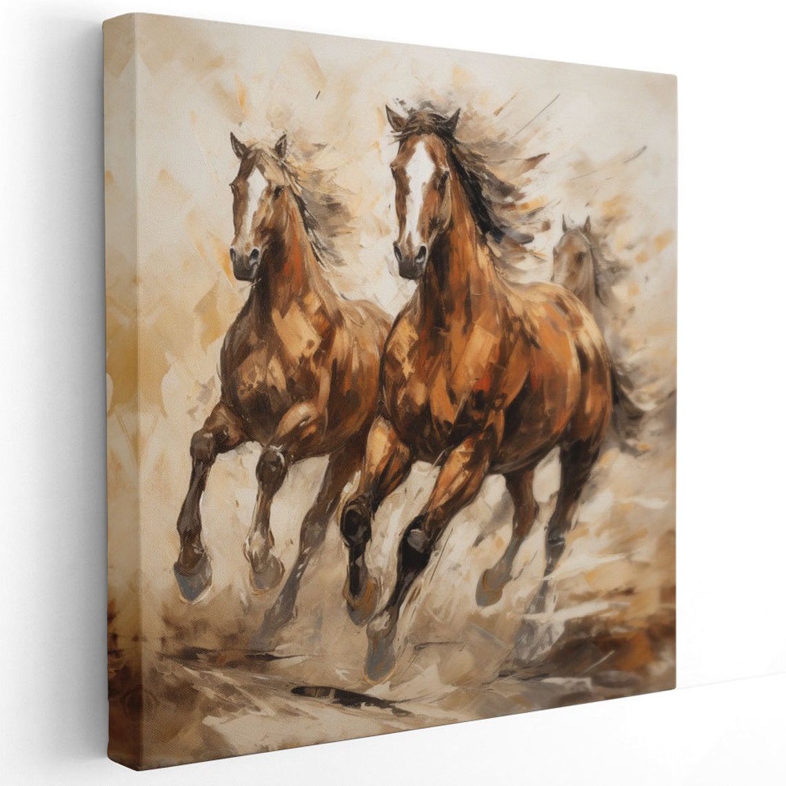 Three Running Wild Horses Herd Warm Watercolor Western Canvas Poster - Image 2