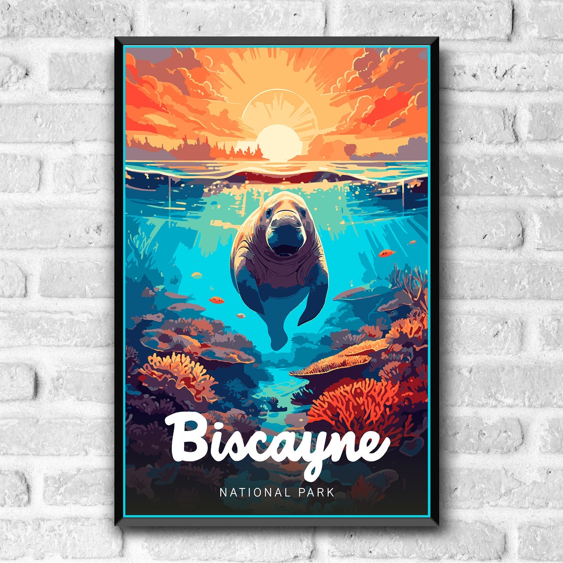 Biscayne National Park Manatee Coral Reef Sunset Vintage Poster - Image 3