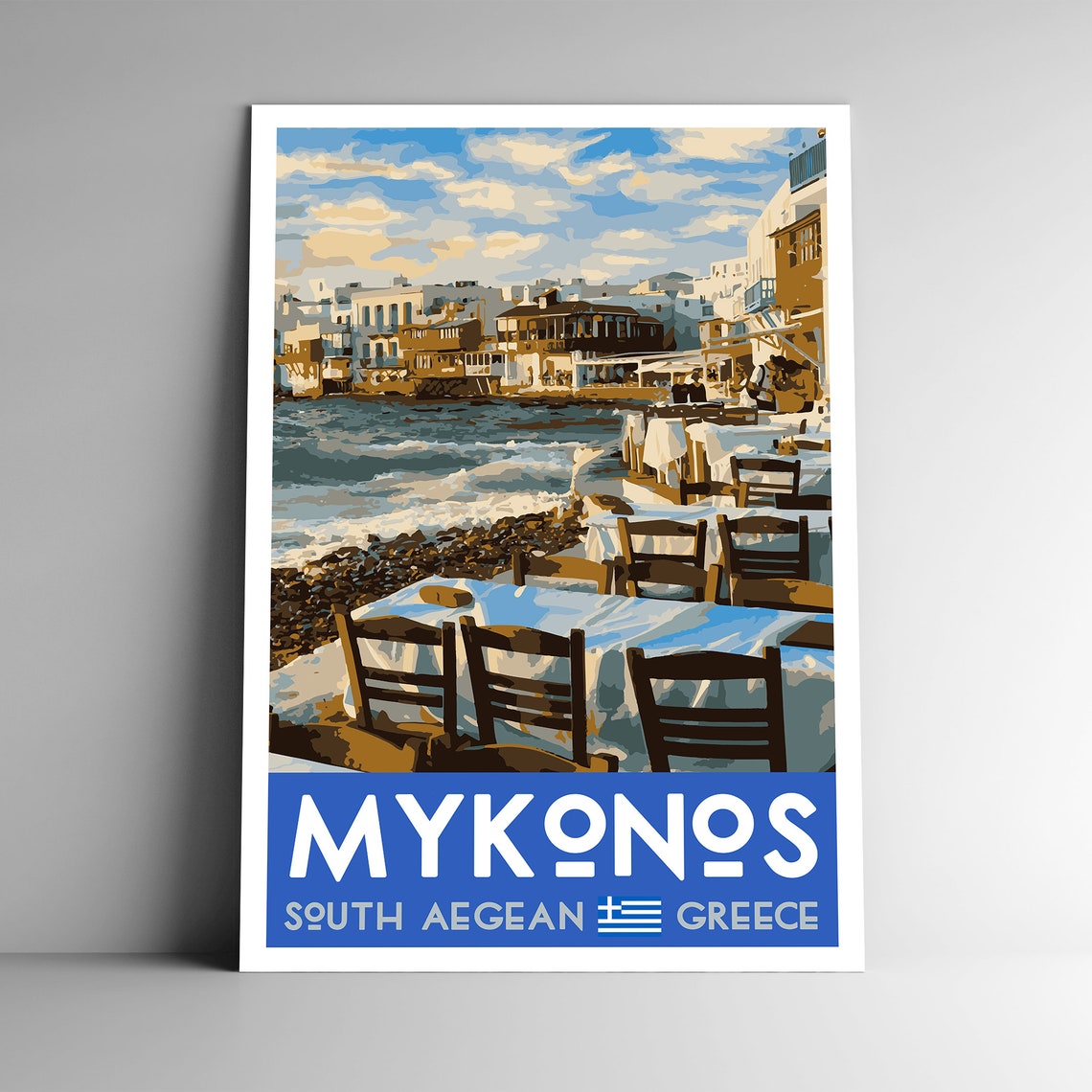 Mykonos Greece Waterfront Taverna Sunset South Aegean Travel Poster
