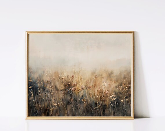 Wildflower Field Landscape Art Print Oil Painting Vintage Print Academia Moody Cottagecore Farmhouse Decor Spring Art