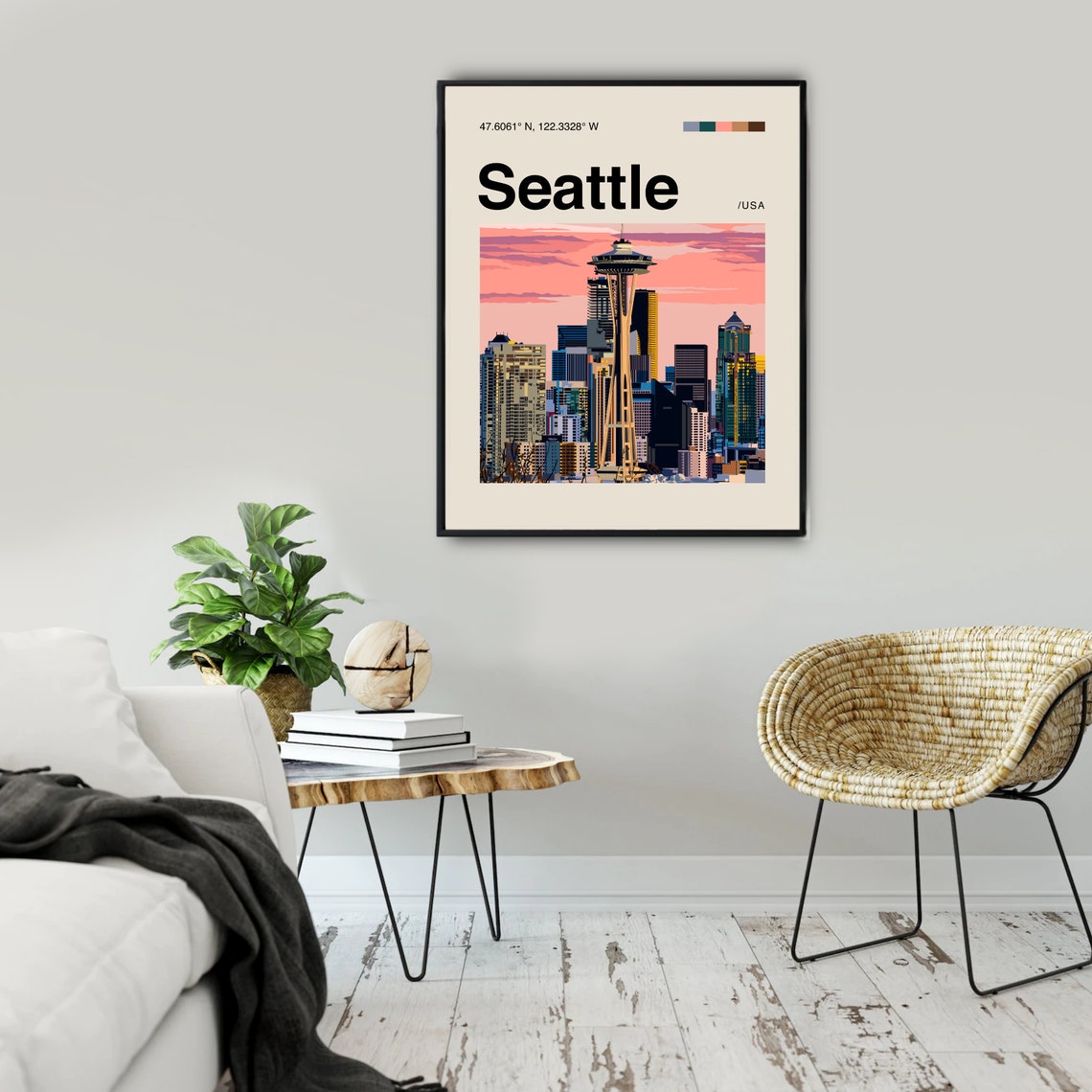 Seattle Space Needle Sunset Illustrated Minimalist Travel Art Poster - Image 2