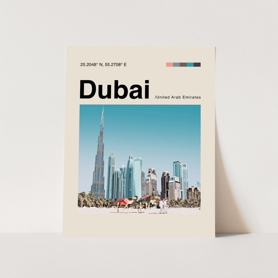 Dubai UAE Burj Khalifa Skyline Camel Desert Sunset Travel Poster