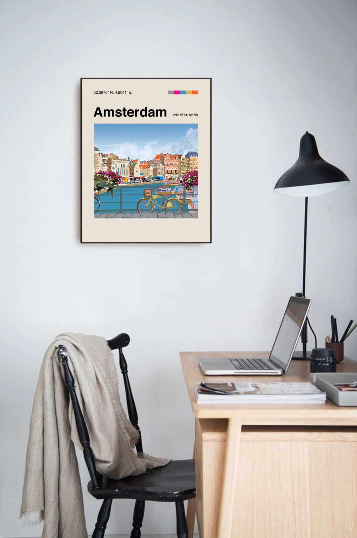 Amsterdam Canal Bridge Bicycle Flowers Flat Illustration Travel Poster - Image 3