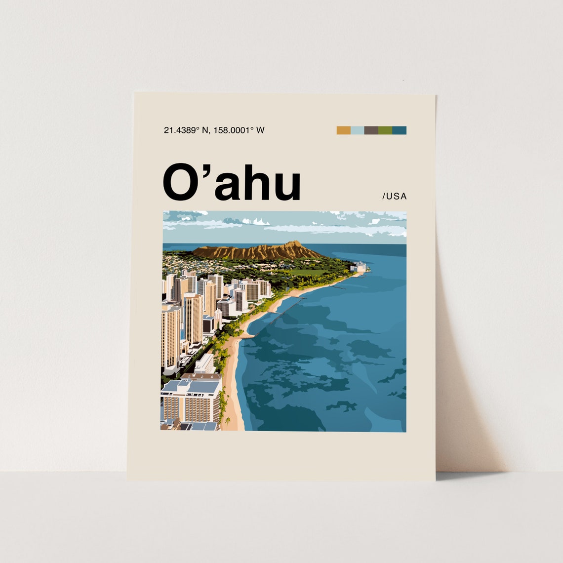 Oahu Hawaii Waikiki Beach Diamond Head Minimalist Travel Poster