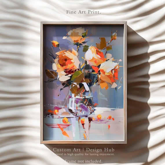 Golden Roses Glass Vase Modern Impressionist Floral Still Life Art Poster