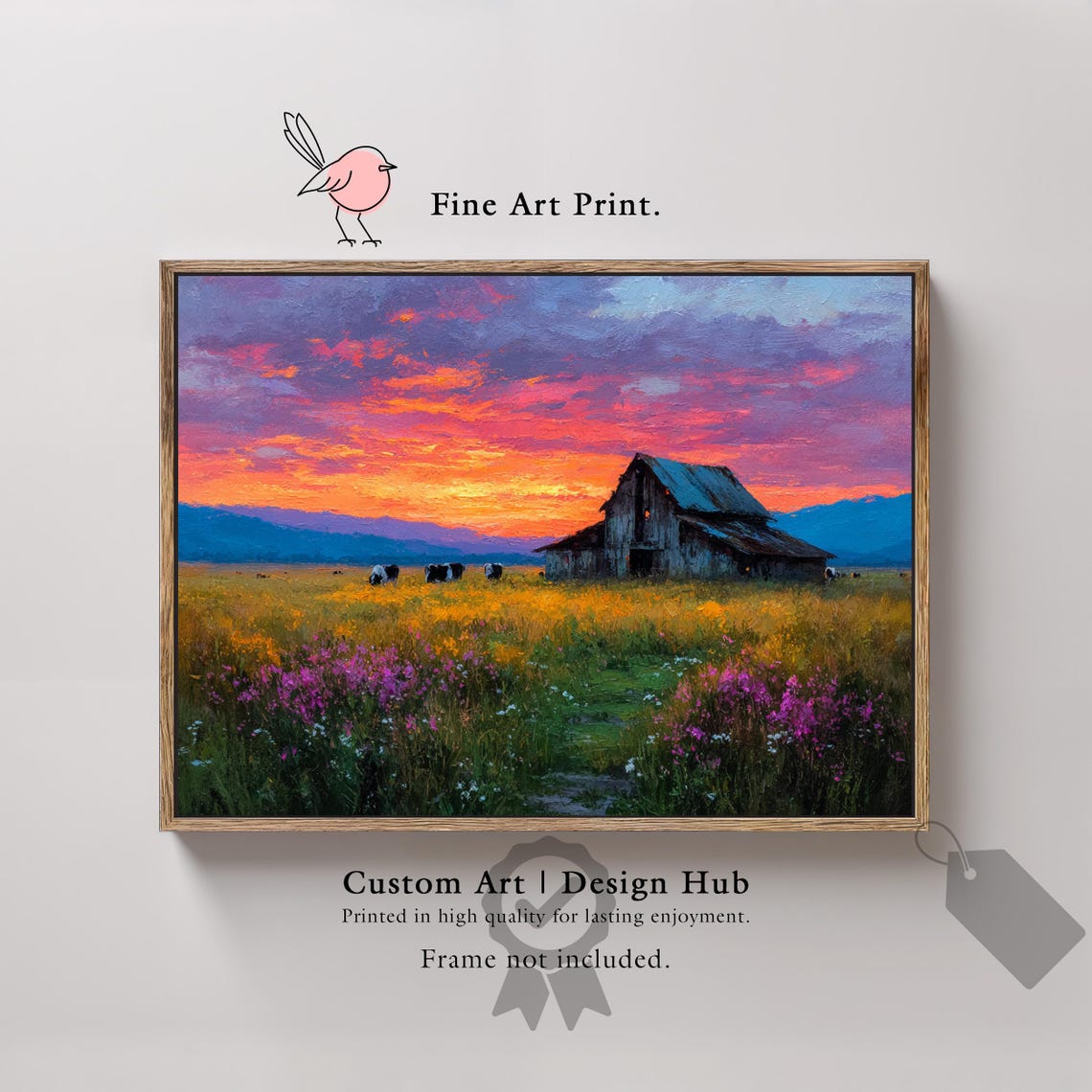 Rustic Barn Sunset Cows Grazing Wildflower Meadow Impressionist Poster
