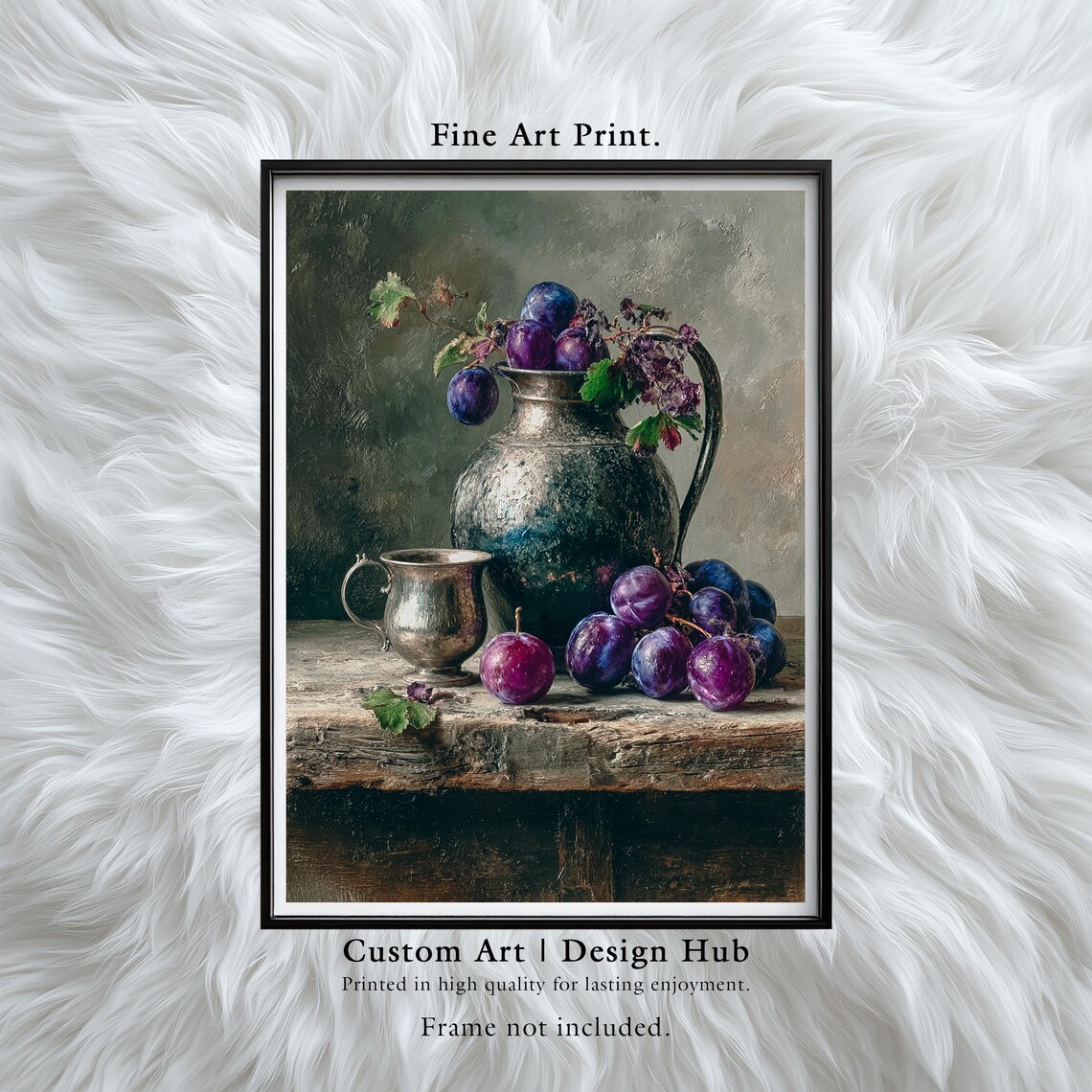 Vintage Plum Still Life Pewter Pitcher Rustic Kitchen Dining Decor Poster