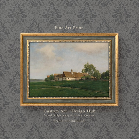 Charming Thatched Roof Farmhouse On Green Meadow Vintage Print