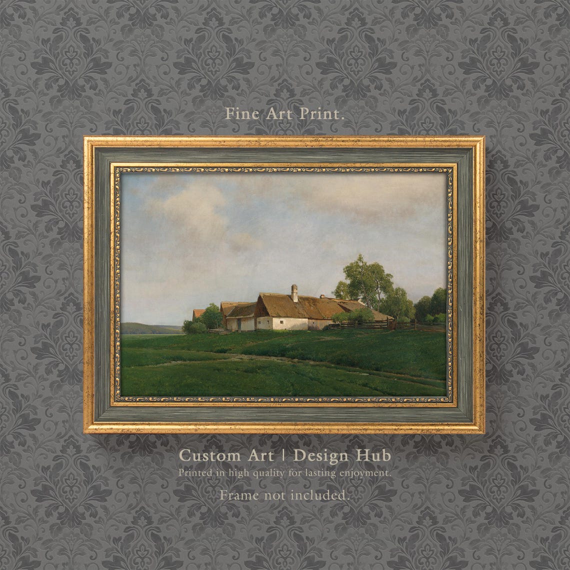 Charming Thatched Roof Farmhouse On Green Meadow Vintage Print