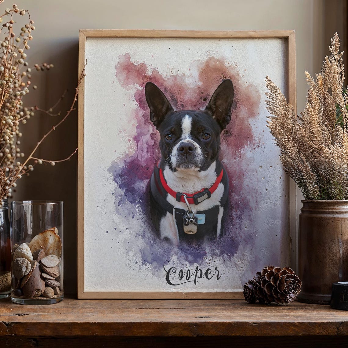 Custom Watercolor Boston Terrier Pet Portrait Memorial Keepsake Poster
