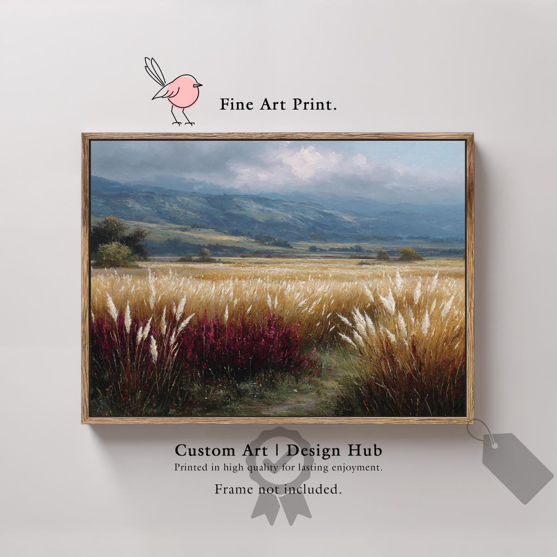 Golden Wheat Field Red Wildflowers Mountain Valley Sunset Poster