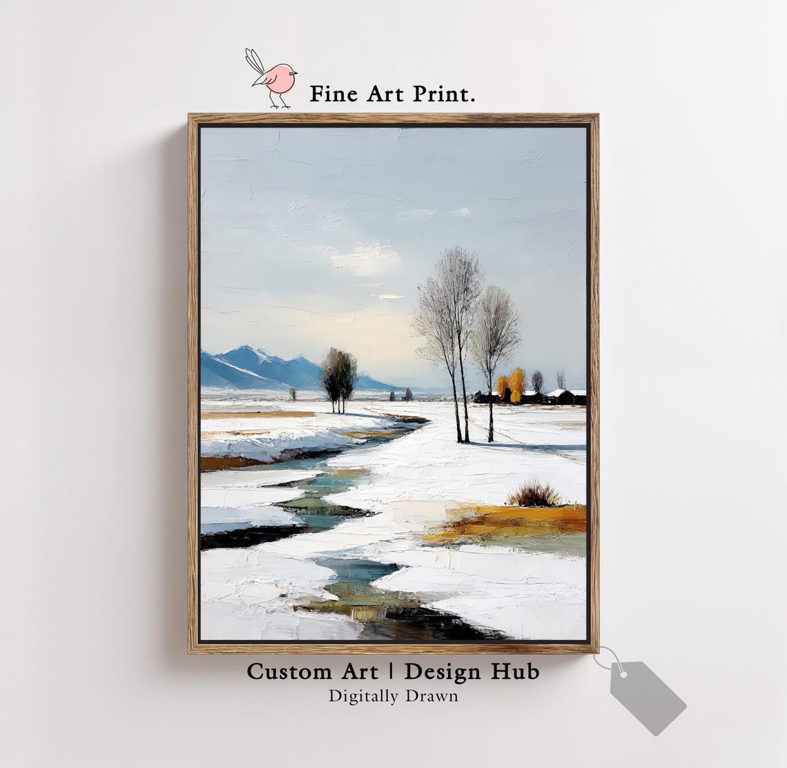 Snowy Stream Winter Landscape Distant Mountains Fine Art Poster