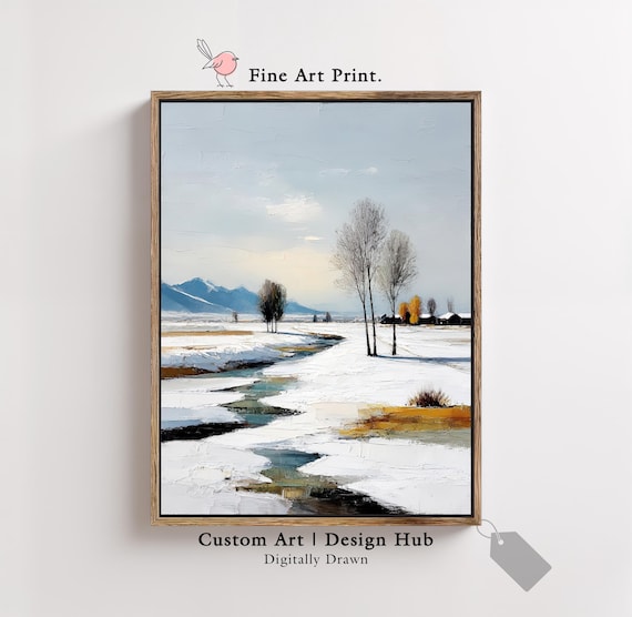 Snowy Stream Winter Landscape Distant Mountains Fine Art Poster