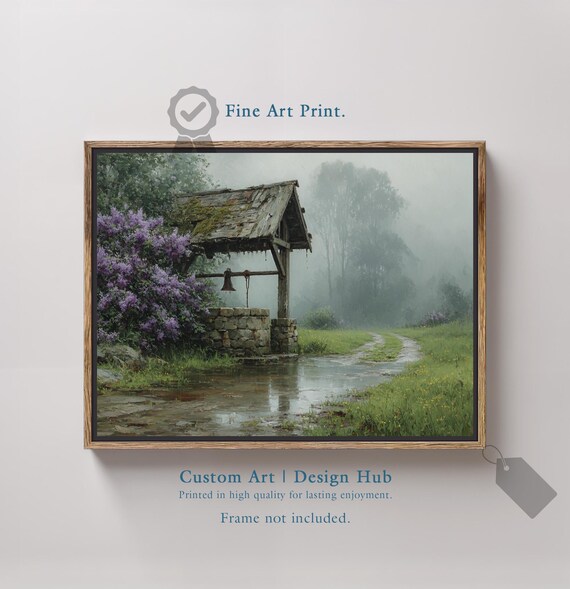 Rustic Stone Well Misty Morning Countryside Impressionist Art Poster