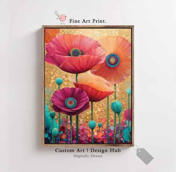 Colorful Poppy Flower Wall Art Print Vibrant Botanical Poster