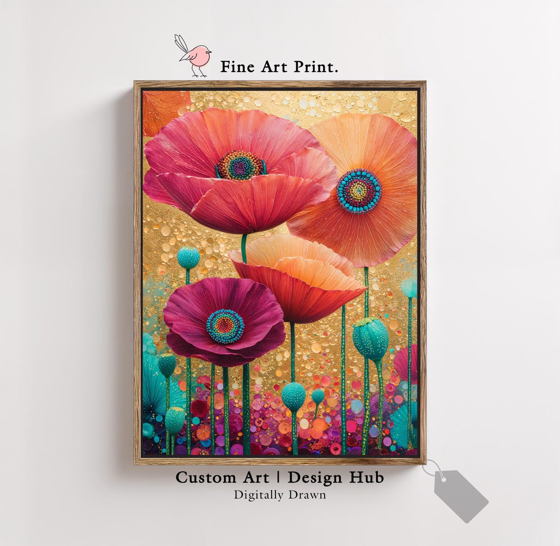 Vibrant Magenta Poppy Flowers Gold Background Bold Botanical Poster