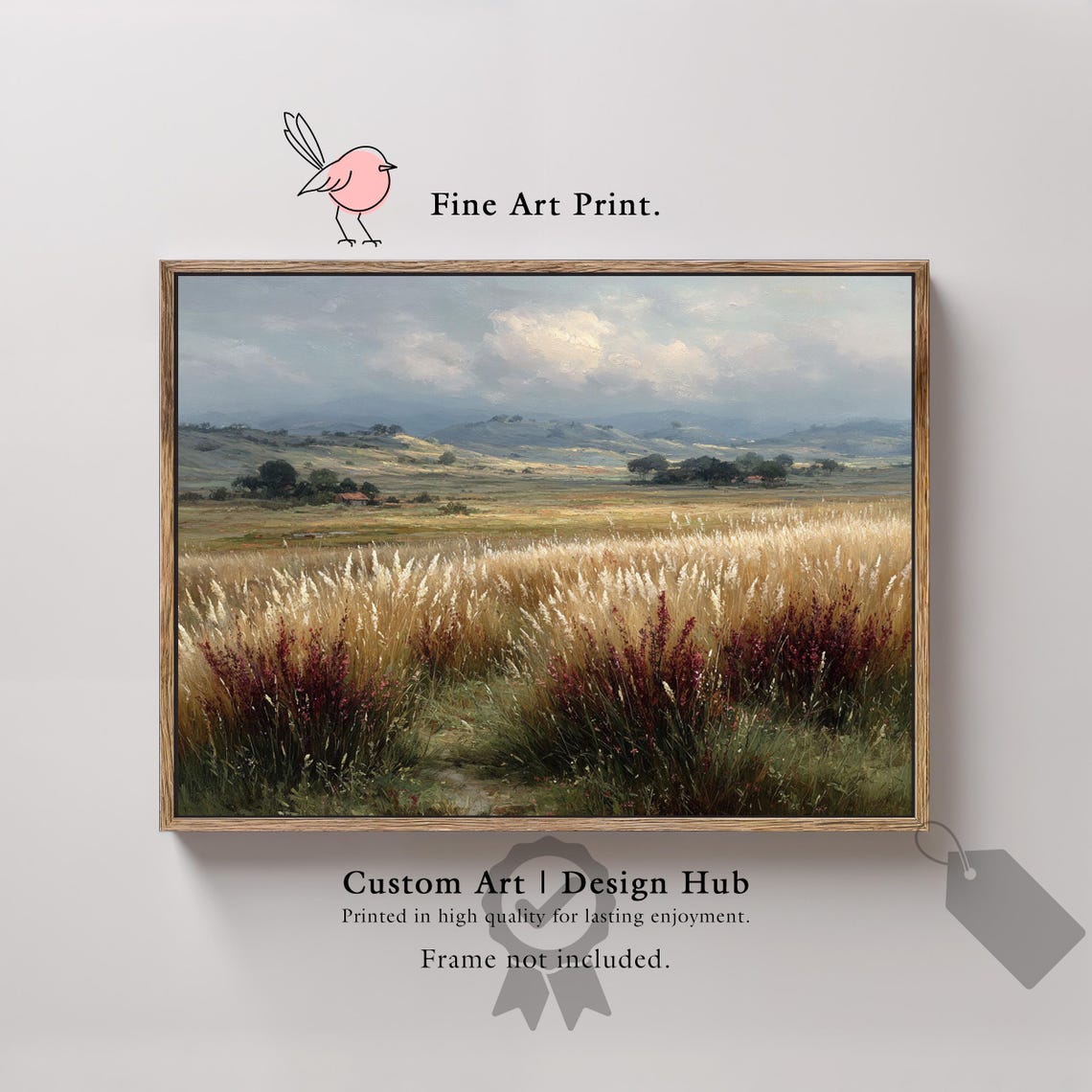 Wheat Field Wildflowers Misty Rolling Hills Serene Landscape Poster
