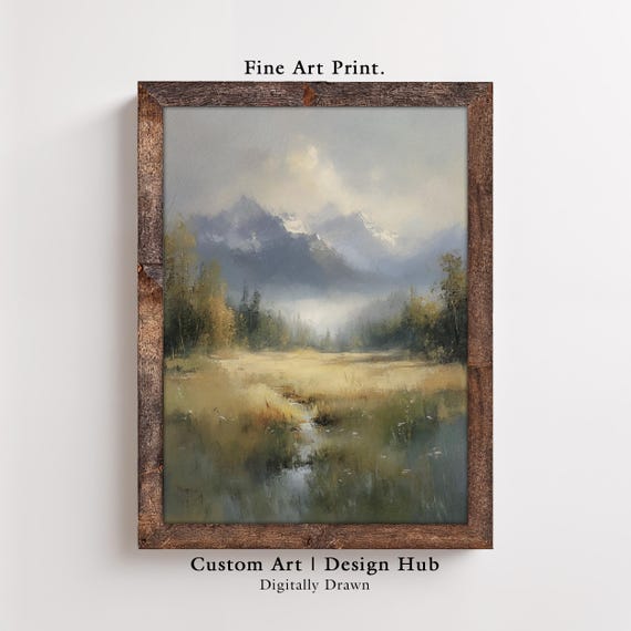 Mountain Landscape Art Print Misty Valley Wall Decor Painting In Natural Tones