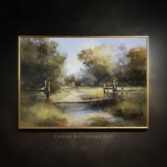 Rustic Wooden Footbridge Over Stream Meadow Vintage Oil Painting Poster