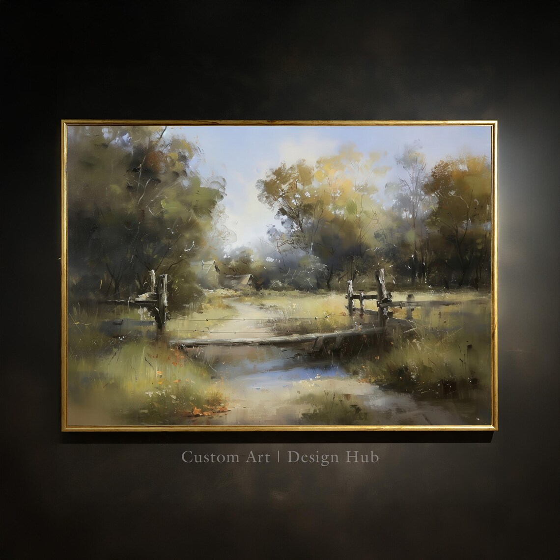 Rustic Wooden Footbridge Over Stream Meadow Vintage Oil Painting Poster